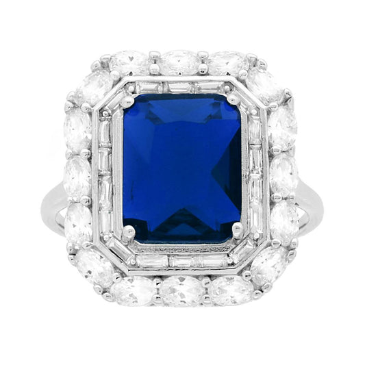 Anello Rettangolo Blu Zaffiro contornato da Cubic Zirconia Bianchi Ovale e Baguette in ARGENTO 925 Galvanica Rodio