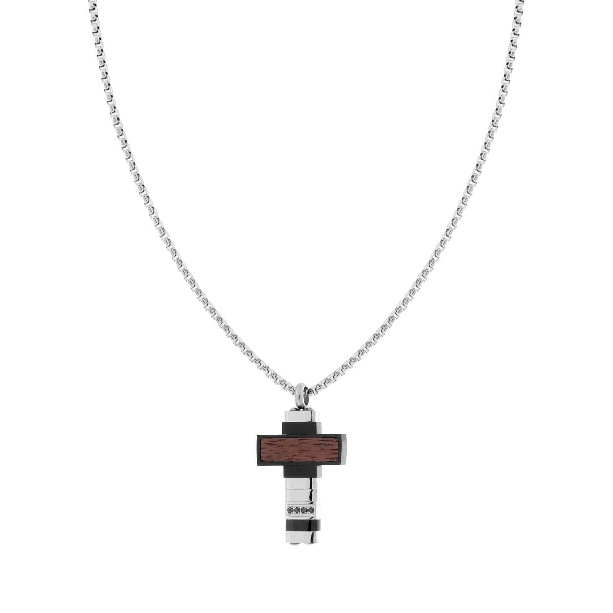 Collana Catena Veneziana Tonda con Croce con Legno e Crystal Neri in ACCIAIO