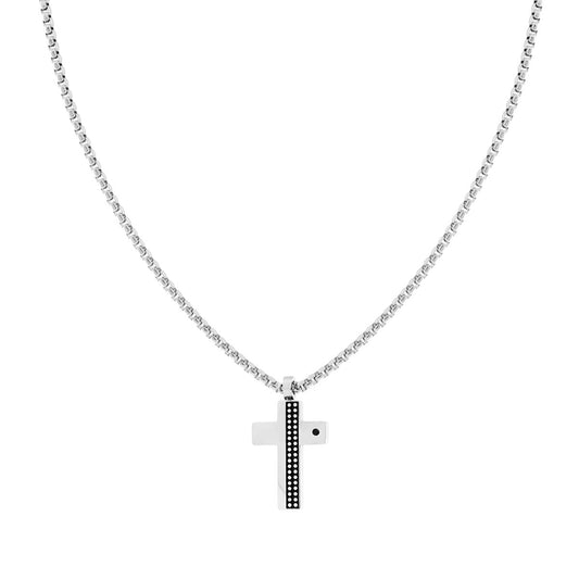 Collana Catena Veneziana Tonda con Croce con Crystal Nero e Decoro Pallinato in ACCIAIO