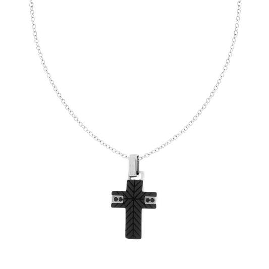 Collana Catena Forzatina Diamantata con Croce con Ceramica e Crystal Neri in ACCIAIO