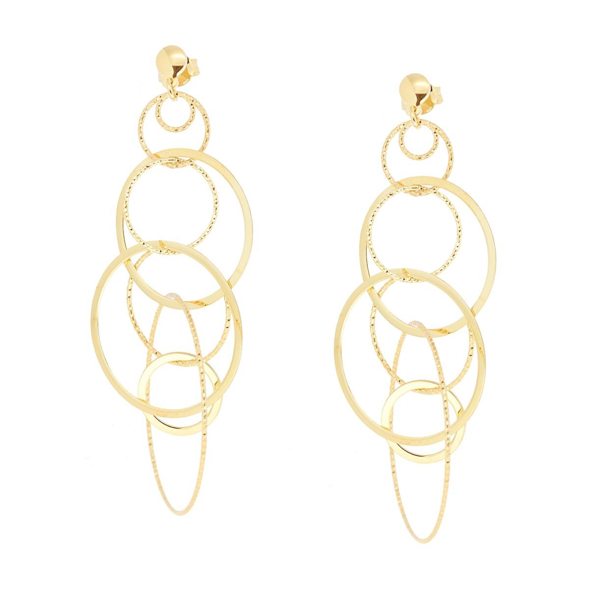Orecchini Lunghi con Cerchi incrociati Lisci e Diamantati in ARGENTO 925 Galvanica Oro