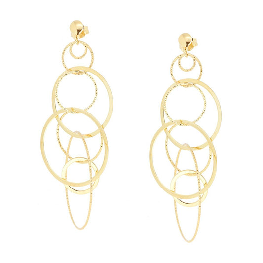 Orecchini Lunghi con Cerchi incrociati Lisci e Diamantati in ARGENTO 925 Galvanica Oro