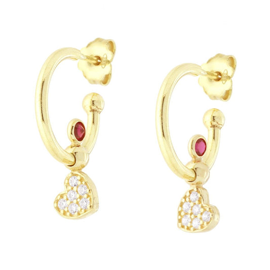 Orecchini Cerchio con Cuore pendente con Cubic Zirconia Bianchi e Punto Luce Rosso Rubino in ARGENTO 925 Galvanica Oro