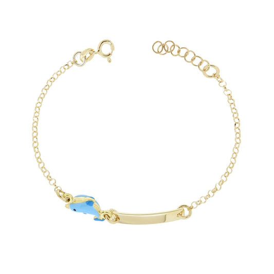Bracciale Catena Rolo Diamantata Bimbo Bimba con Targa Rettangolare e Delfino smalto Azzurro in ARGENTO 925 Galvanica Oro