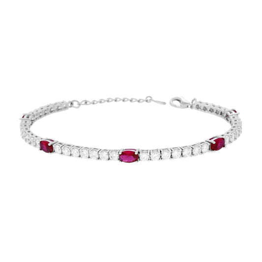 Bracciale Tennis cm 17+3 con Ovali Cubic Zirconia Rosso Rubino e Bianchi in ARGENTO 925 Galvanica Rodio