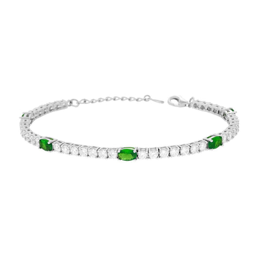 Bracciale Tennis cm 17+3 con Ovali Cubic Zirconia Verde Smeraldo e Bianchi in ARGENTO 925 Galvanica Rodio