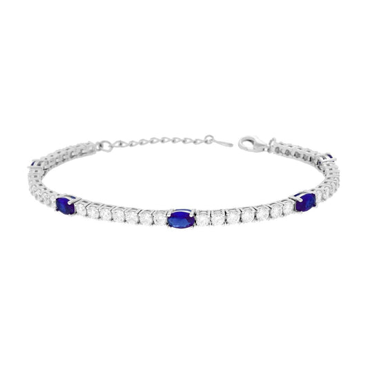 Bracciale Tennis cm 17+3 con Ovali Cubic Zirconia Blu Zaffiro e Bianchi in ARGENTO 925 Galvanica Rodio