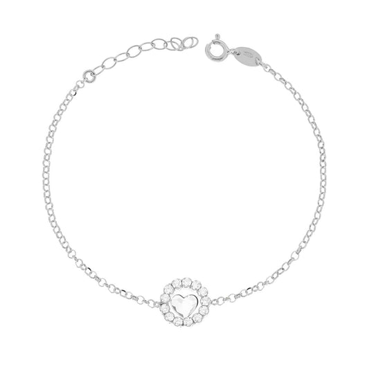 Bracciale Catena Rolo Diamantata con Tondo e Cuore con Cubic Zirconia Bianchi in ARGENTO 925 Galvanica Rodio
