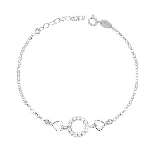 Bracciale Catena Rolo Diamantata con Cuori e Cubic Zirconia Bianchi in ARGENTO 925 Galvanica Rodio