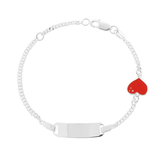 Bracciale Bimbo Bimba Catena Grumetta Diamantata con Targa Rettangolare e Cuore smalto Rosso in ARGENTO 925