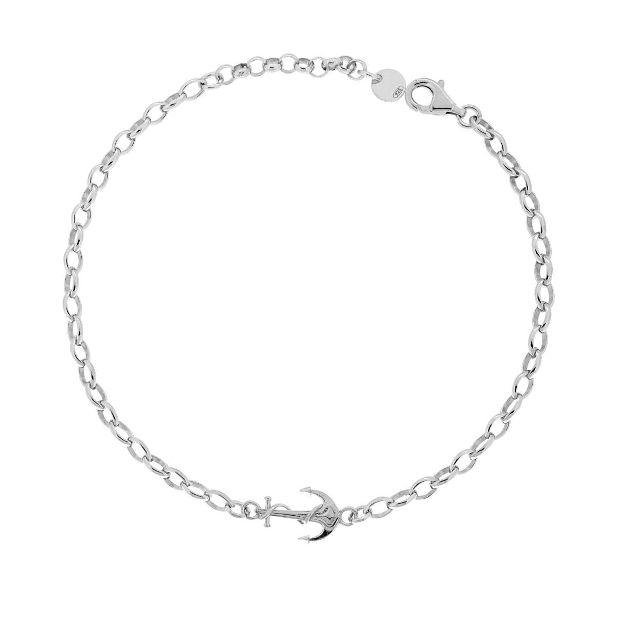 Bracciale Catena Forzatina Ovale con Ancora centrale in ARGENTO 925 Galvanica Rodio