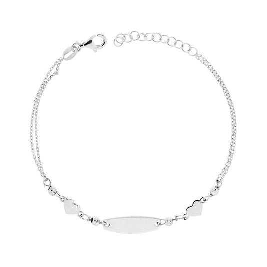 Bracciale due fili Catena Forzatina Diamantata con Targa Ovale e Cuori plain in ARGENTO 925 Galvanica Rodio