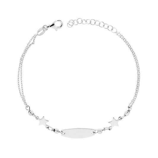 Bracciale due fili Catena Forzatina Diamantata con Targa Ovale e Stelle plain in ARGENTO 925 Galvanica Rodio