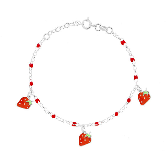 Bracciale Bimbo Bimba Catena Rolo con Palline e Fragole con Smalto Rosso in ARGENTO 925