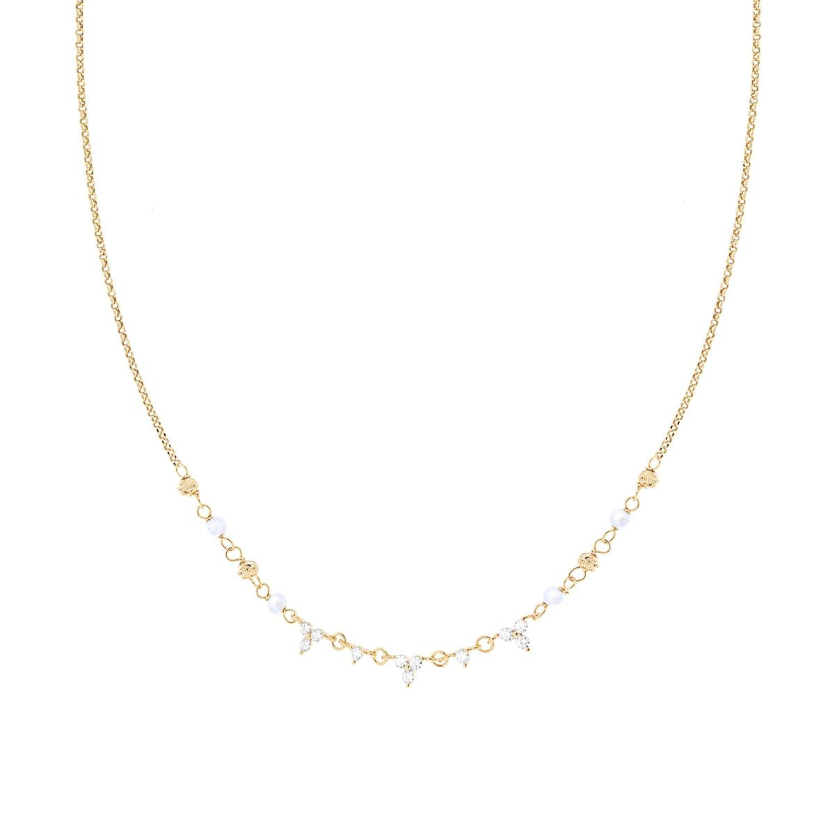 Collana Catena Rolo Diamantata con Perle e Cubic Zirconia Bianchi in ARGENTO 925 Galvanica Oro