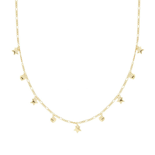 Collana Catena Figaro Alternata con Cuori e Stelle bombati pendenti in ARGENTO 925 Galvanica Oro
