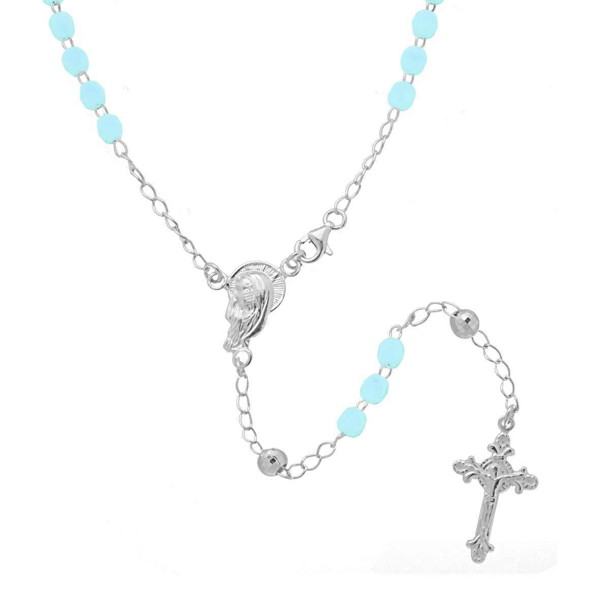 Collana Rosario cm 50 con Grani a pallina diamantata e Crystal colore Azzurro mm 4 in ARGENTO 925