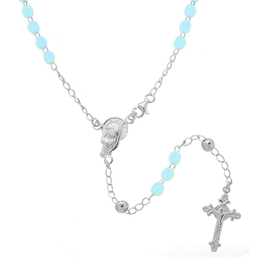 Collana Rosario cm 50 con Grani a pallina diamantata e Crystal colore Azzurro mm 4 in ARGENTO 925