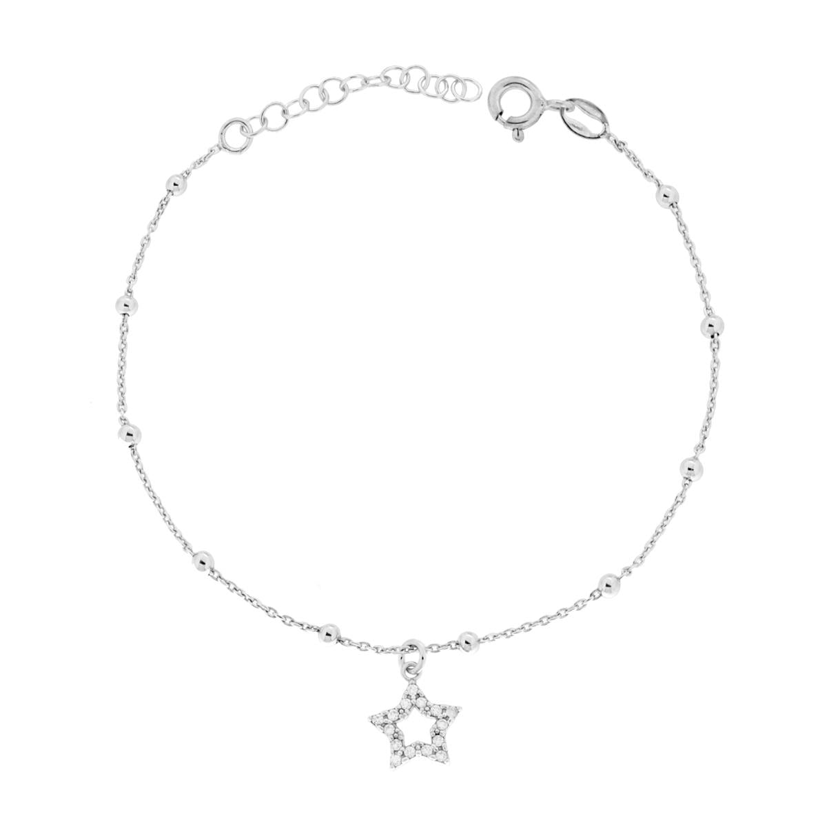 Bracciale Catena Forzatina Diamantata con Palline e Stella con Cubic Zirconia Bianchi in ARGENTO 925 Galvanica Rodio