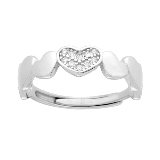 Anello Fascia con Cuori plain e Cuore centrale con Cubic Zirconia Bianchi in ARGENTO 925 Galvanica Rodio