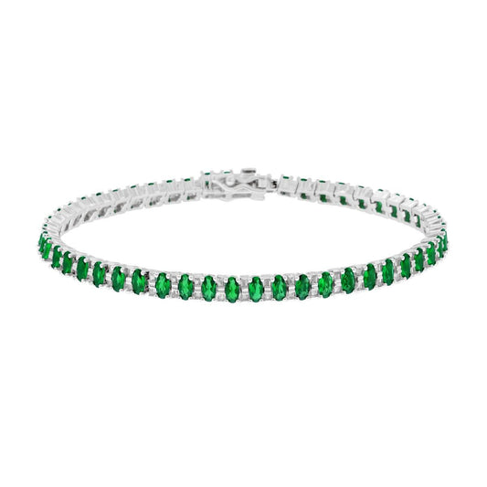 Bracciale Tennis Griffe con Ovali Verde Smeraldo e Cubic Zirconia Bianchi in ARGENTO 925 Galvanica Rodio