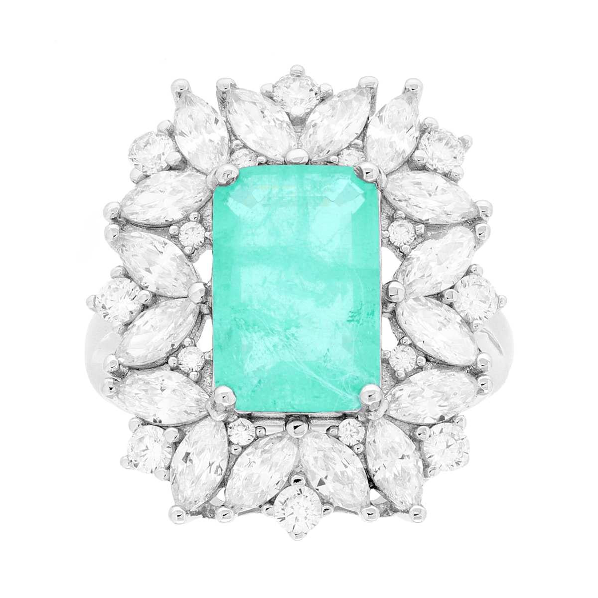 Anello Rettangolare Tormalina Paraiba contornato da Cubic Zirconia Marquise Bianchi in ARGENTO 925 Galvanica Rodio