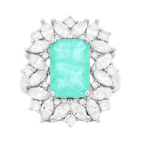 Anello Rettangolare Tormalina Paraiba contornato da Cubic Zirconia Marquise Bianchi in ARGENTO 925 Galvanica Rodio