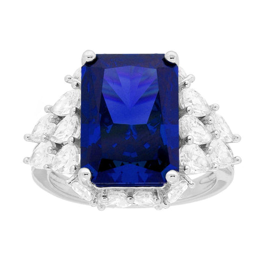 Anello Solitario Blu Zaffiro contornato da Cubic Zirconia Goccia Bianchi in ARGENTO 925 Galvanica Rodio