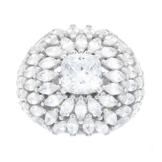 Anello Solitario modello Fascione con Cubic Zirconia Bianchi taglio Cushion e Marquise in ARGENTO 925 Galvanica Rodio