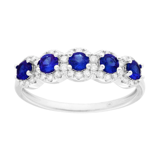 Anello Veretta Blu Zaffiro contornati da Cubic Zirconia Bianchi in ARGENTO 925 Galvanica Rodio