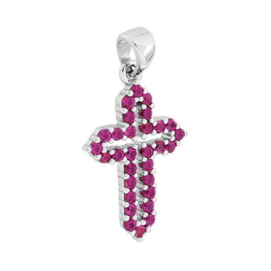 Ciondolo Croce con Cubic Zirconia Rosso Rubino in ARGENTO 925 Galvanica Rodio