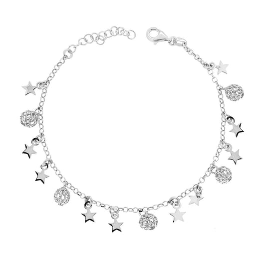 Bracciale Catena Rolo Diamantata con Stelle plain e Sfere retate in ARGENTO 925 Galvanica Rodio