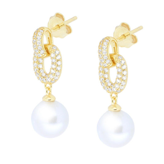 Orecchini Anelli con Cubic Zirconia Bianchi e Perla pendente in ARGENTO 925 Galvanica Oro