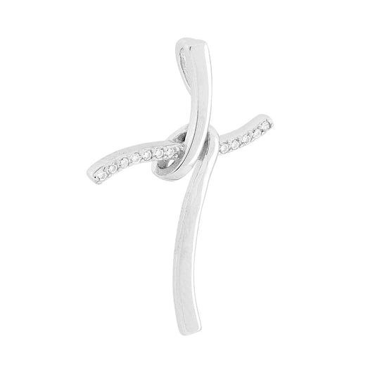 Ciondolo Croce con Nastro e Cubic Zirconia Bianchi in ARGENTO 925 Galvanica Rodio