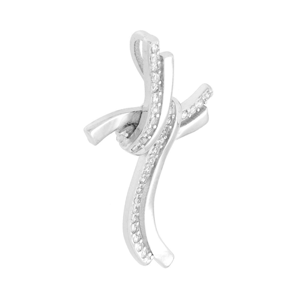 Ciondolo Croce con Nastri e Cubic Zirconia Bianchi in ARGENTO 925 Galvanica Rodio