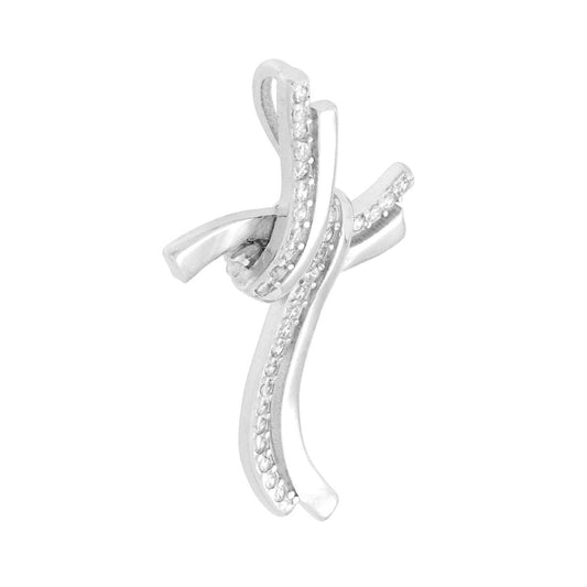 Ciondolo Croce con Nastri e Cubic Zirconia Bianchi in ARGENTO 925 Galvanica Rodio