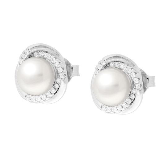 Orecchini Tondi Vortice con Perla di Fiume e Cubic Zirconia Bianchi in ARGENTO 925 Galvanica Rodio