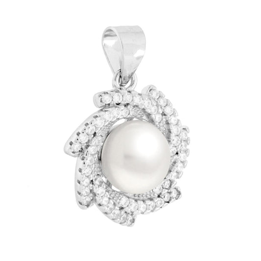 Ciondolo Tondo Vortice con Perla di Fiume e Cubic Zirconia Bianchi in ARGENTO 925 Galvanica Rodio