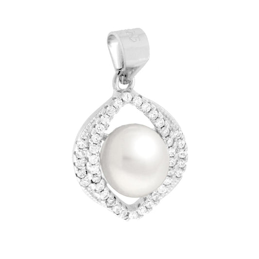 Ciondolo Ovale Navetta con Perla di Fiume e Cubic Zirconia Bianchi in ARGENTO 925 Galvanica Rodio