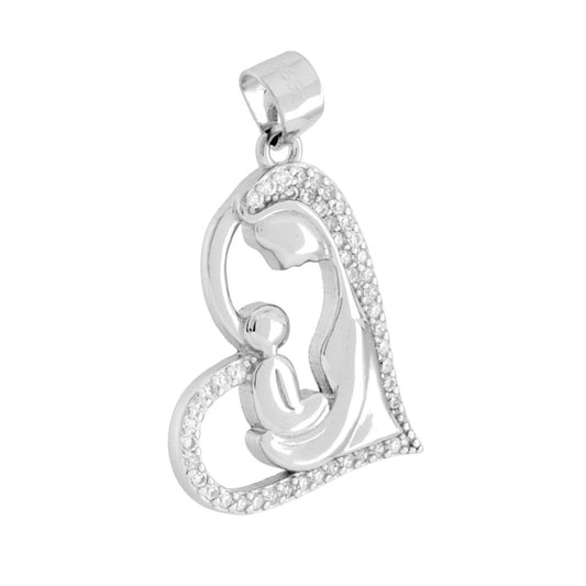 Ciondolo Cuore e Madonna con Bambino e Cubic Zirconia Bianchi in ARGENTO 925 Galvanica Rodio