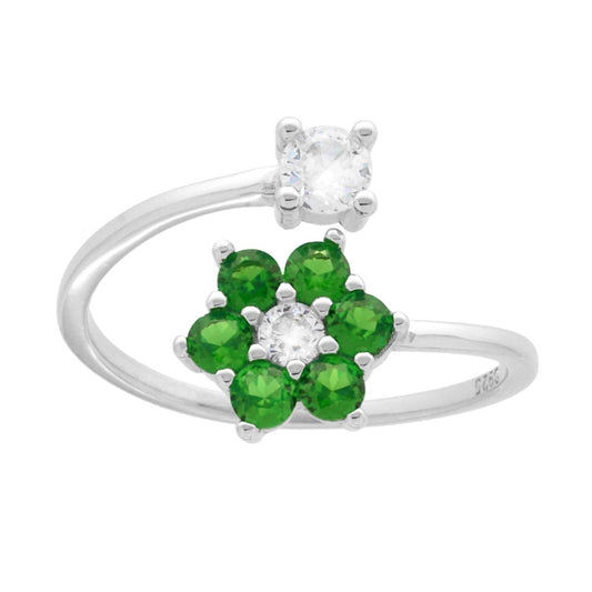Anello Contrarie Fiore e Punto Luce con Cubic Zirconia Verde Smeraldo e Bianchi in ARGENTO 925 Galvanica Rodio