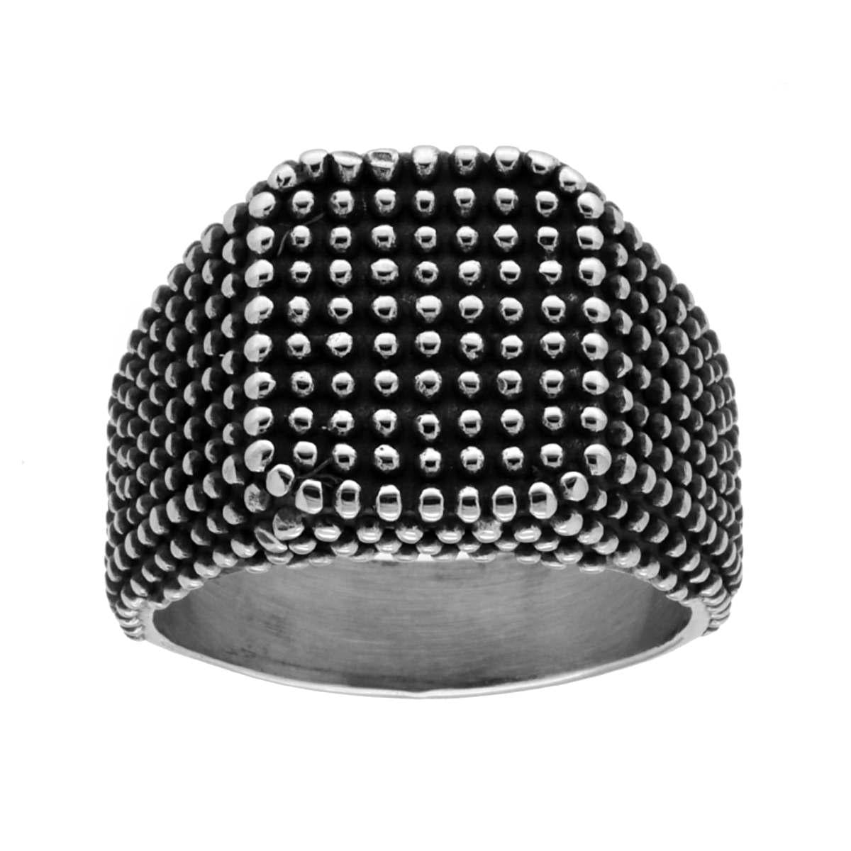 Anello Chevalier Pallinato con scudo Quadrato in ACCIAIO Brunito