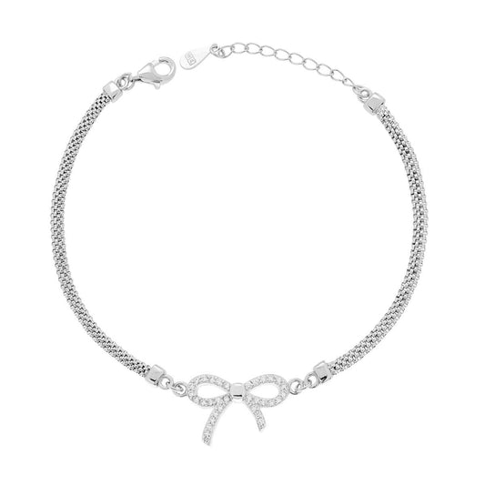 Bracciale Catena Tulipano con Fiocco e Cubic Zirconia Bianchi in ARGENTO 925 Galvanica Rodio