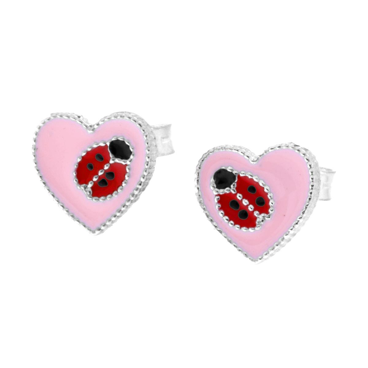 Orecchini Cuore con Coccinella smalto Rosa e Rosso in ARGENTO 925 Galvanica Rodio