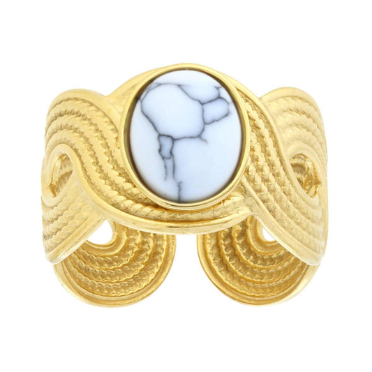 Anello Fascia Treccia Antica con Pietra Ovale colore Howlite Bianca in ACCIAIO colore Oro<BR>