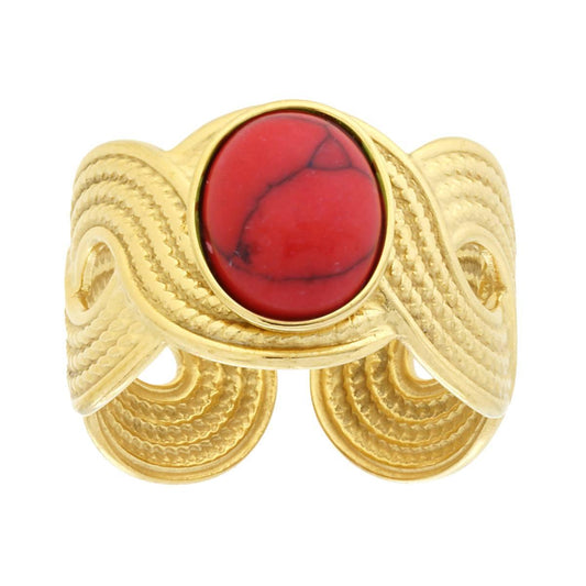 Anello Fascia Treccia Antica con Pietra Ovale colore Corallo in ACCIAIO colore Oro