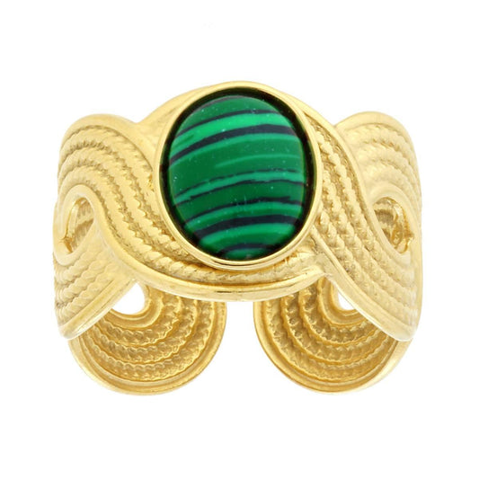 Anello Fascia Treccia Antica con Pietra Ovale colore Malachite in ACCIAIO colore Oro