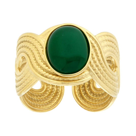 Anello Fascia Treccia Antica con Pietra Ovale colore Giada in ACCIAIO colore Oro