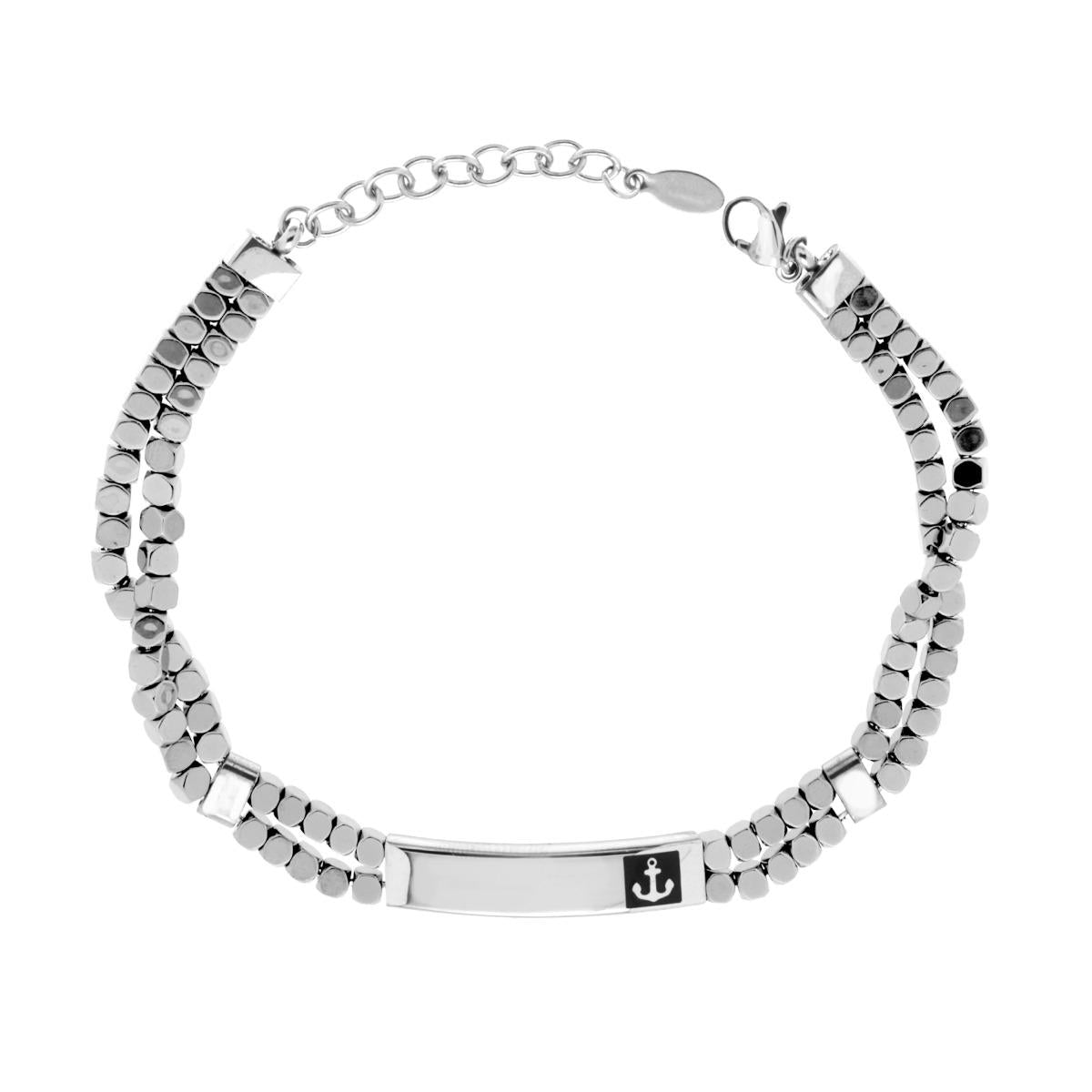 Bracciale Uomo due fili Catena Cubetti con Targa e Ancora in ACCIAIO
