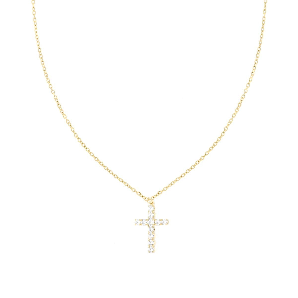Collana Catena Forzatina Diamantata con Croce e Crystal Bianco in ACCIAIO e OTTONE colore Oro